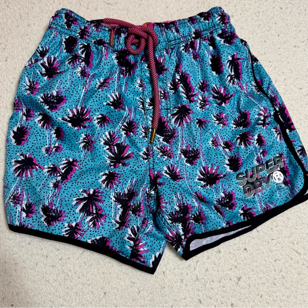 Superdry Swim Athletic Teal and Pink Shorts with Elastic Waistband Zip Pocket